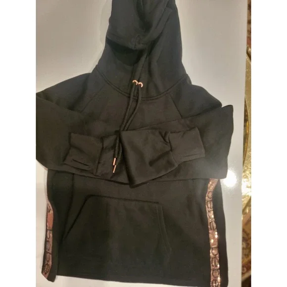 Bebe Sport Womens Black Rose Gold Sequin Logo Side Tape Hoodie Pullover Large - Picture 5 of 6